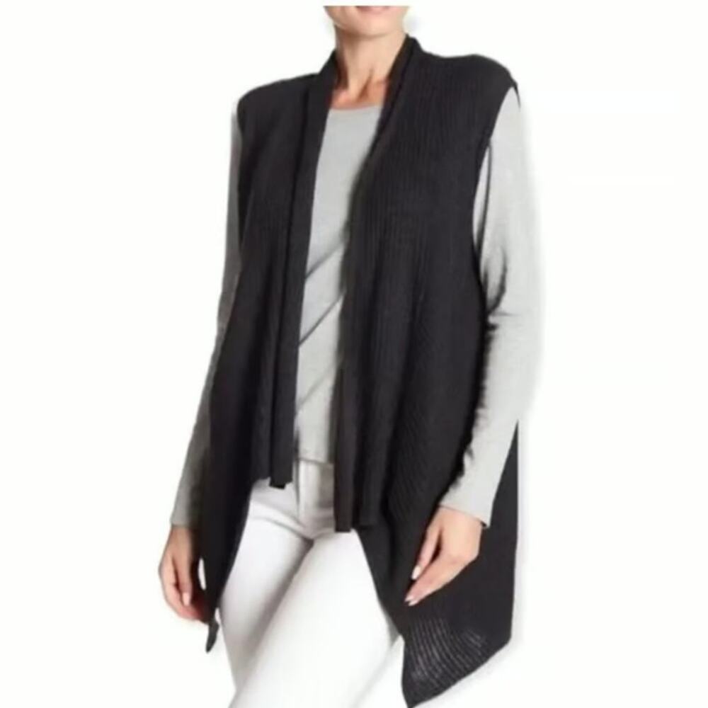 Eileen Fisher Wool Knit Vest Large Black Asymmetric Drape Preppy Minimalist